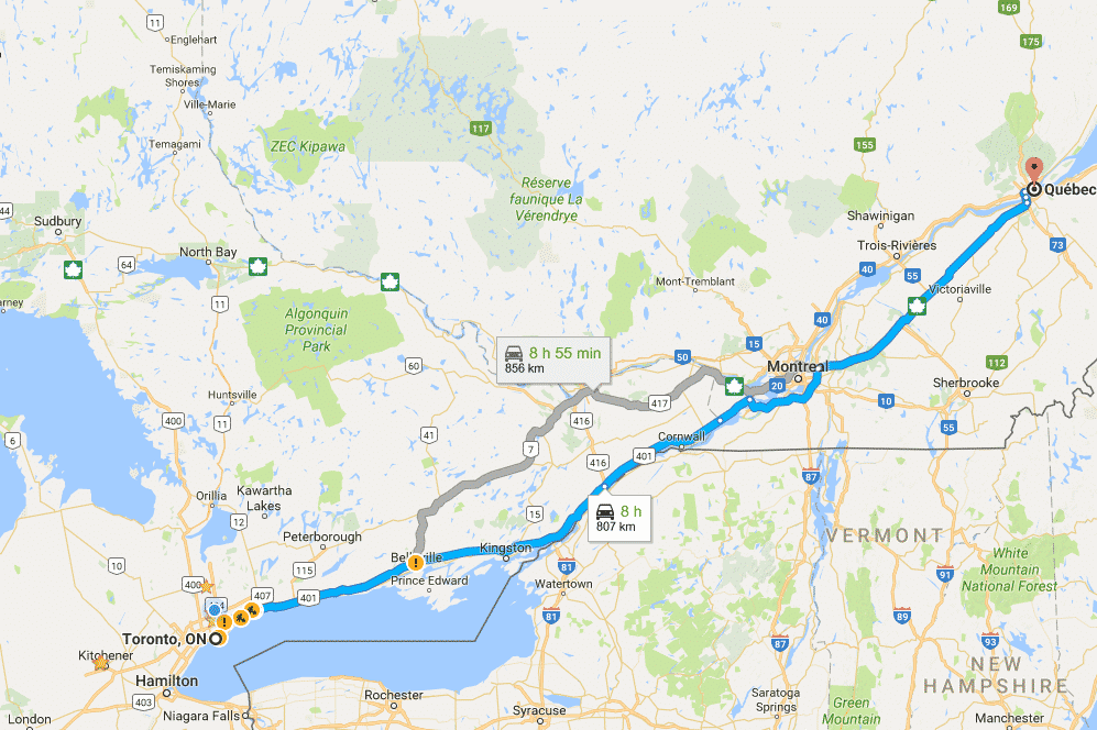 Googe Maps indicating the duration from Toronto To Quebec