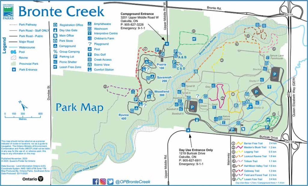 Map of Bronte Creek Provincial Park taken from Ontario Park's Website