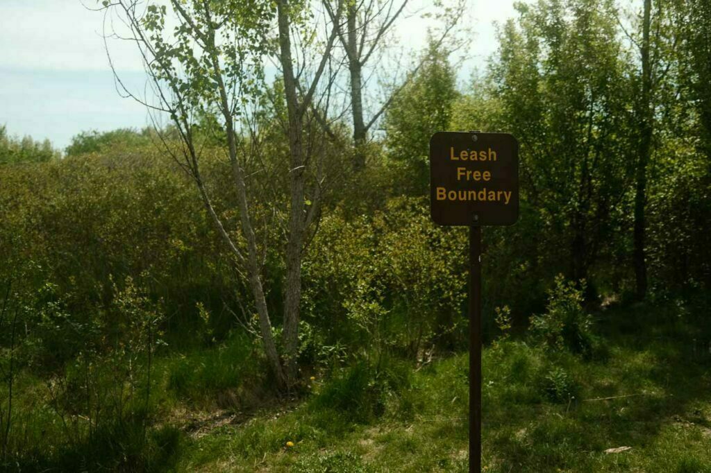 Leash Free Boundary notice posted at the perimeter of the Leash Free Trail located in Bronte Creek Provincial Park