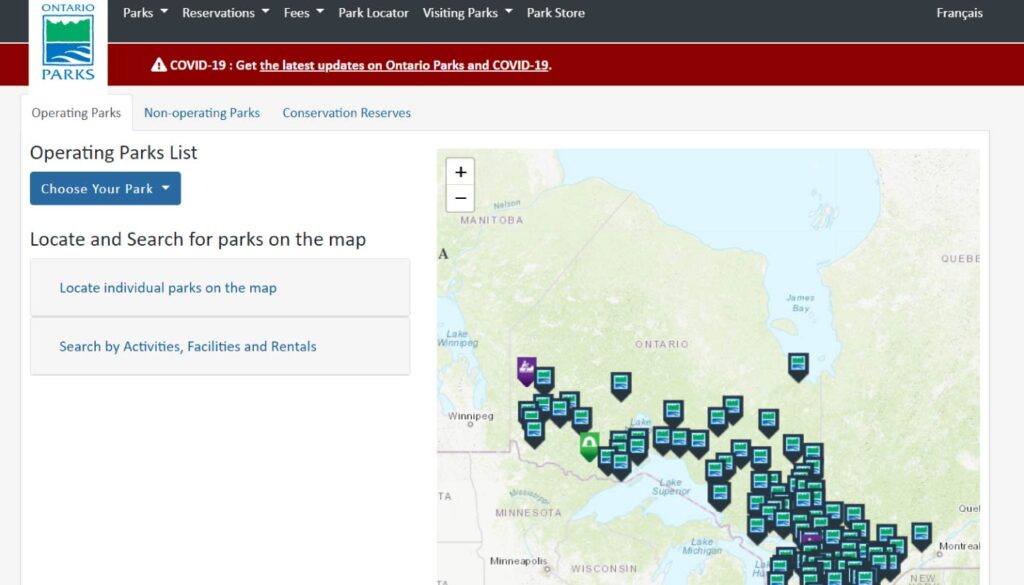 Ontario Provincial Parks - Park Locator from Ontario Park Website