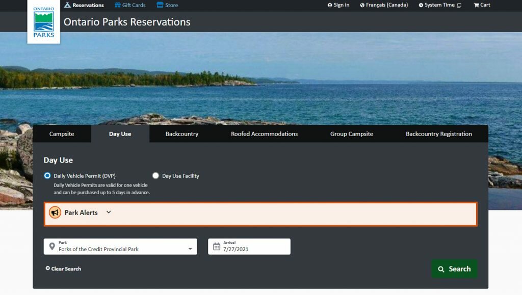 Ontario Parks Reservation Day Use Screenshot