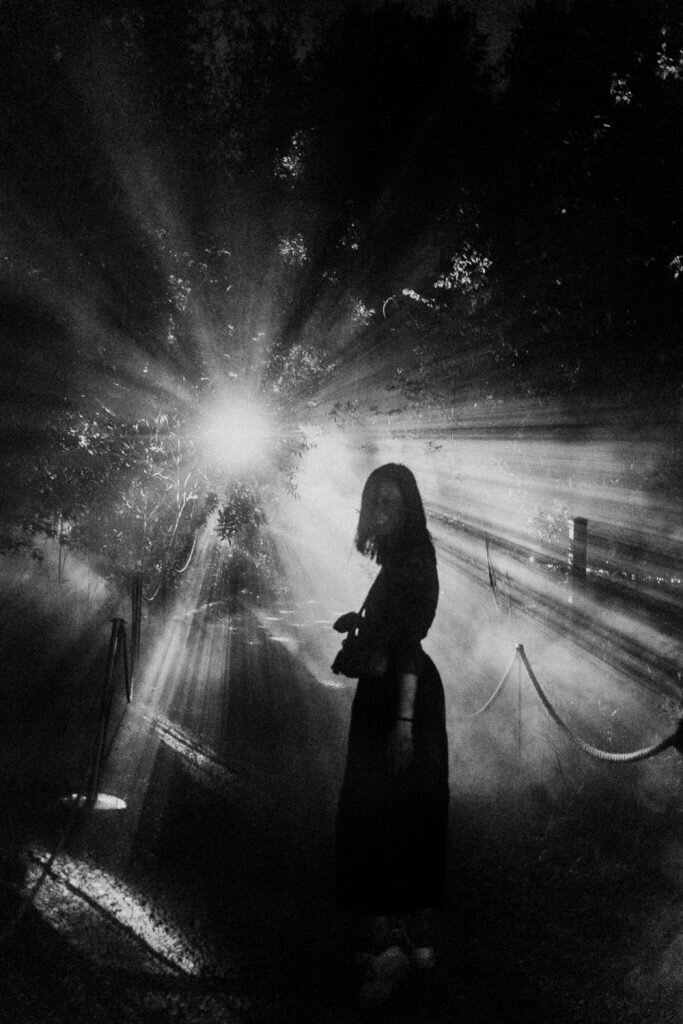 Black and White Silhouette of woman standing in front of a single bright light set behind a forest. Terra Lumina at the Toronto Zoo