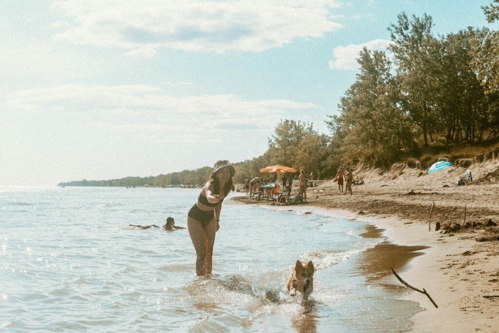 Woman standing in the water tossing a stick while corgi runs to chase the stick in the waves
