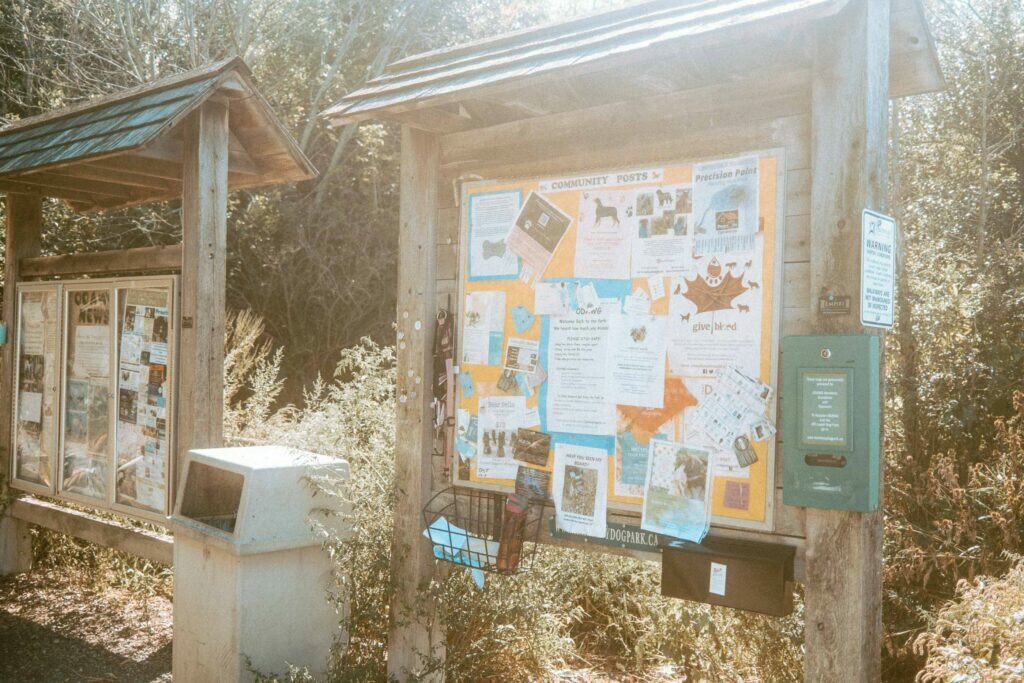 Information Bulletin and Garbage Disposal Bin at entrance to Harmony Valley Dog Park