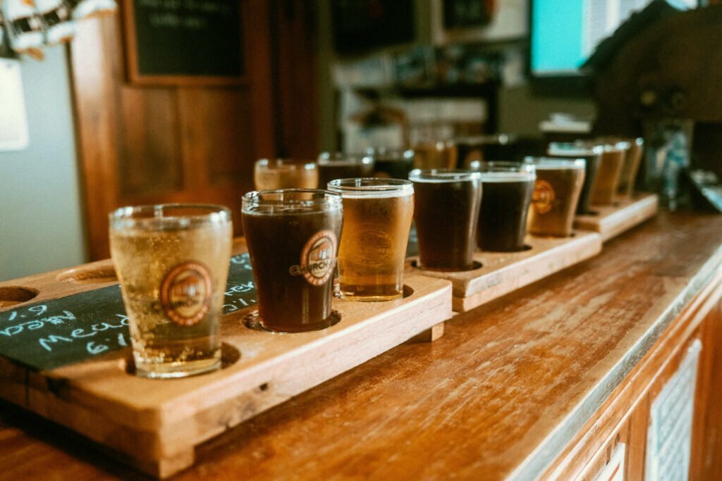 Set of beer flights on counter . Part of Guess Where Trips - Outdoor Adventures and Scenic Roads