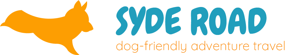 Orange silhouette of a corgi in mid leap. To the right of it it is SYDE Road title is capitalized in blue followed by the tagline: "dog-friendly adventure travel" in orange directly underneath.
